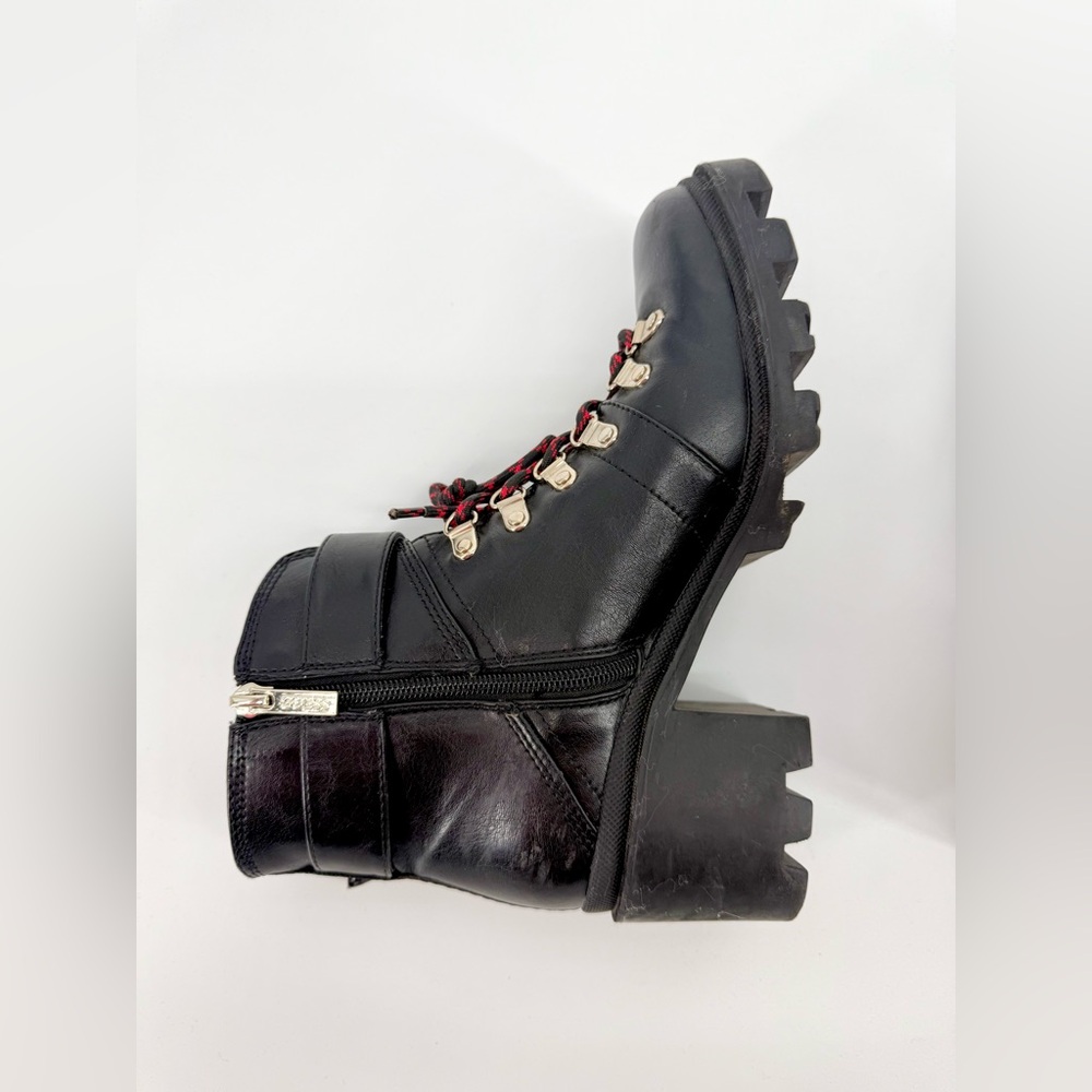 Guess Black Leather Combat Boots with Red Accents - Picture 3 of 9